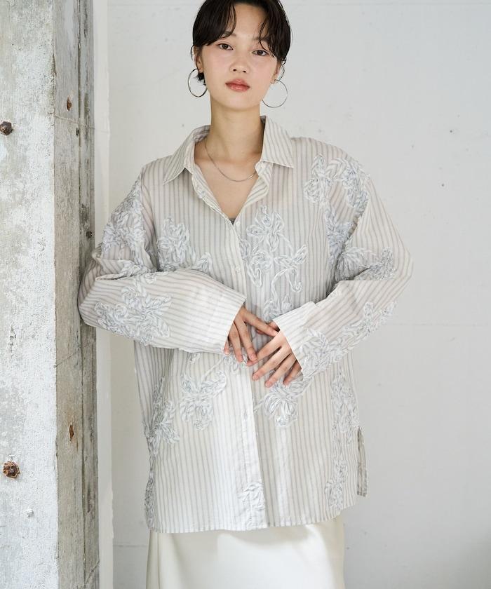 條紋 刺繡 寬鬆襯衫