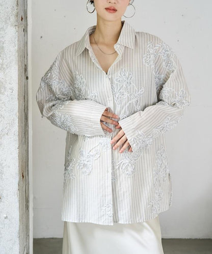 條紋 刺繡 寬鬆襯衫