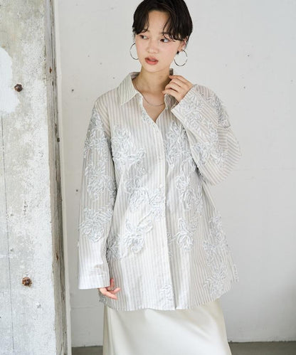 條紋 刺繡 寬鬆襯衫