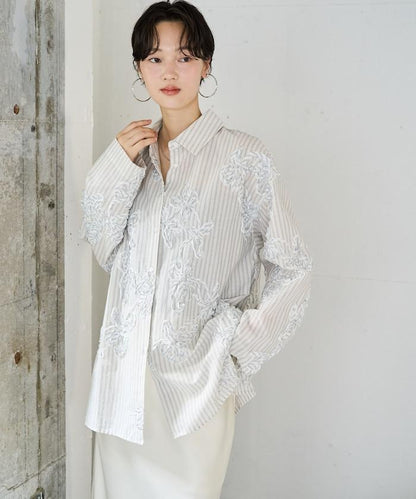 條紋 刺繡 寬鬆襯衫