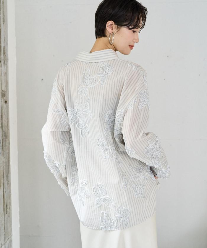 條紋 刺繡 寬鬆襯衫