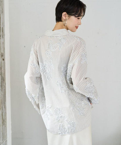條紋 刺繡 寬鬆襯衫
