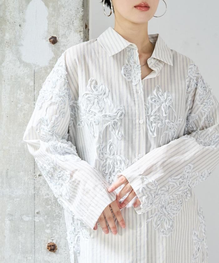條紋 刺繡 寬鬆襯衫