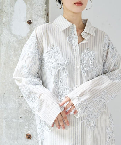 條紋 刺繡 寬鬆襯衫