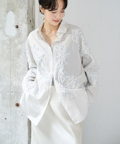 條紋 刺繡 寬鬆襯衫