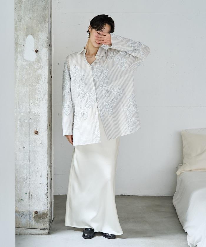 條紋 刺繡 寬鬆襯衫