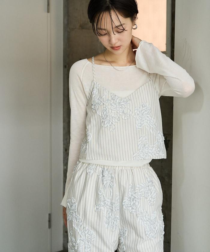 條紋 刺繡 吊帶背心