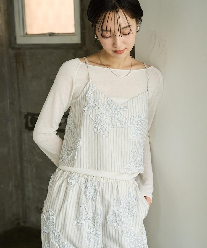 條紋 刺繡 吊帶背心