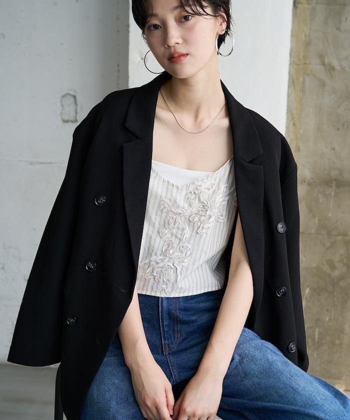 條紋 刺繡 吊帶背心