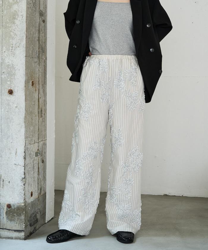 條紋 刺繡 寬鬆長褲