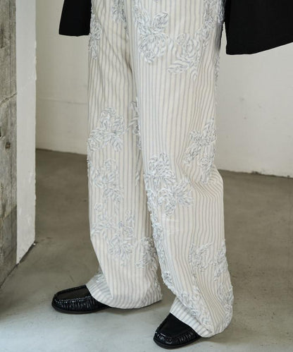 條紋 刺繡 寬鬆長褲