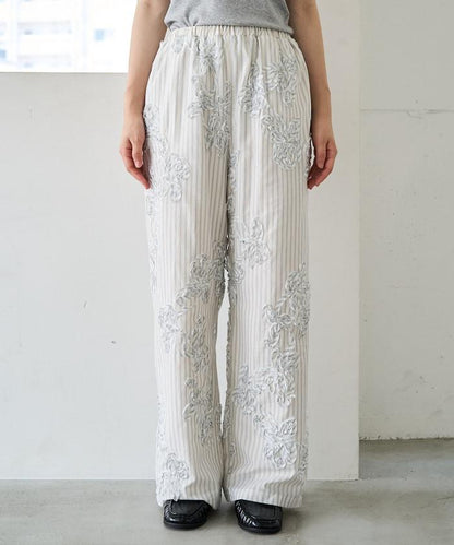 條紋 刺繡 寬鬆長褲