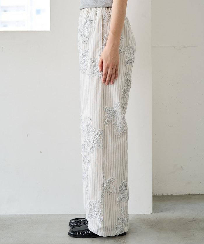 條紋 刺繡 寬鬆長褲