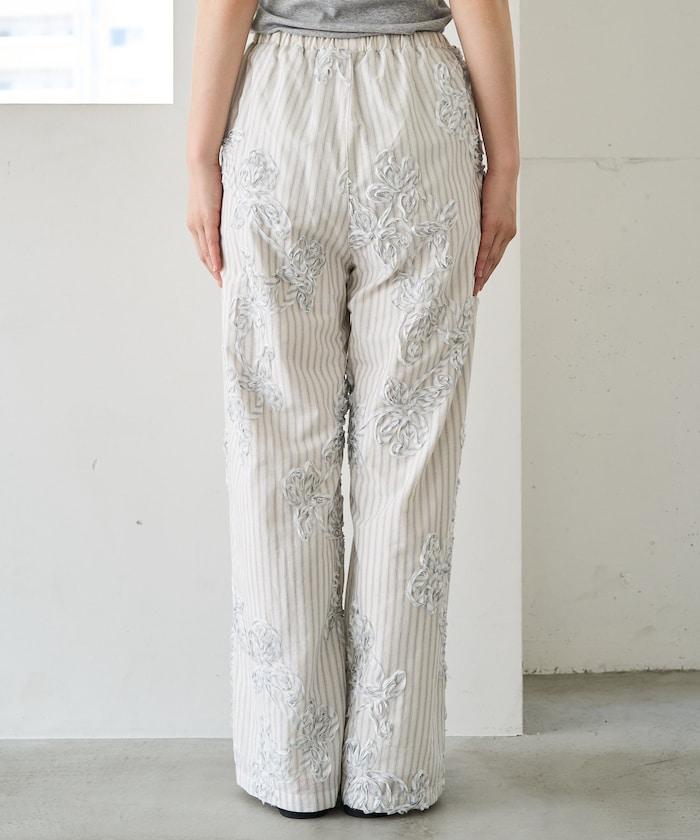 條紋 刺繡 寬鬆長褲