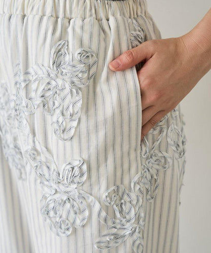 條紋 刺繡 寬鬆長褲