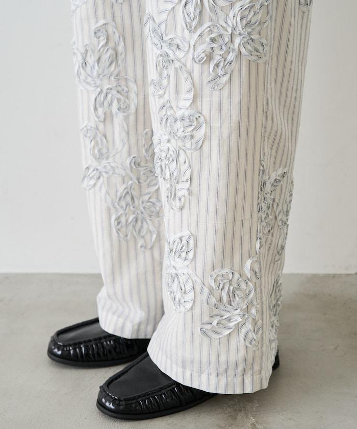 條紋 刺繡 寬鬆長褲