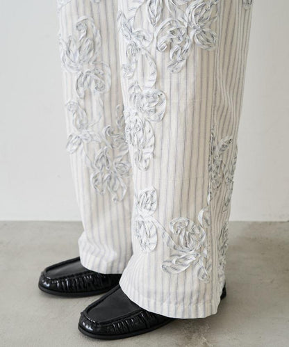 條紋 刺繡 寬鬆長褲