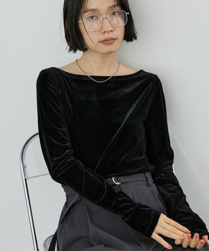 透視絲絨 船領長袖T恤