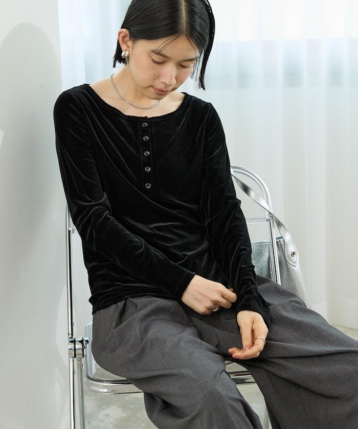 透視絲絨亨利領長袖T恤