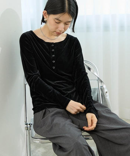 透視絲絨亨利領長袖T恤