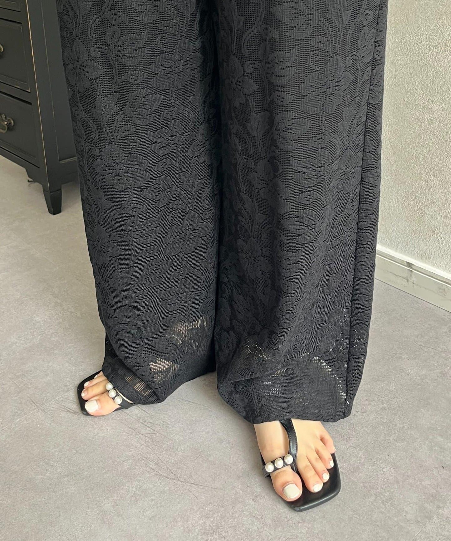 腰部抽繩蕾絲休閒褲