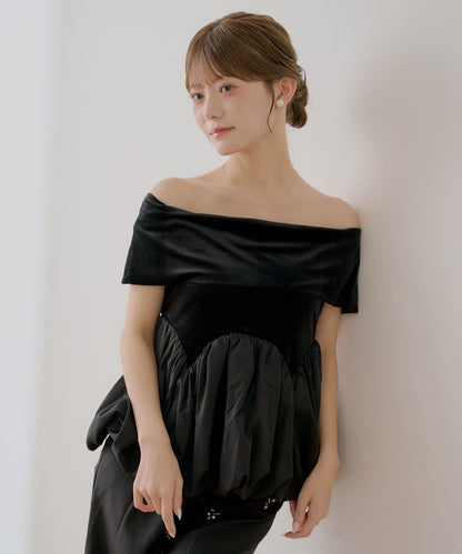 SALON by Chico 前後兩穿 露肩泡泡袖收腰絲絨上衣
