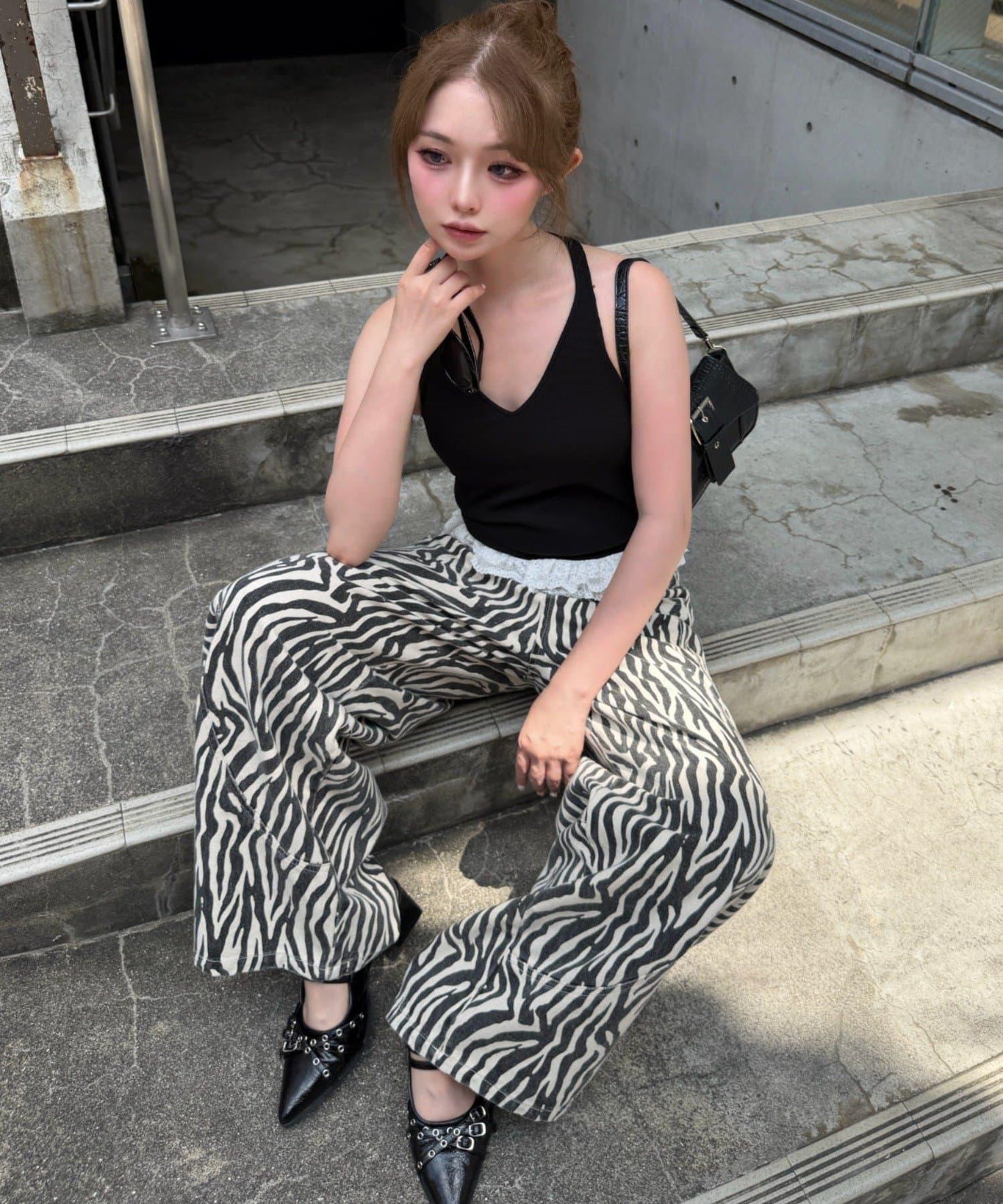 豹紋斑馬紋拼接設計牛仔褲