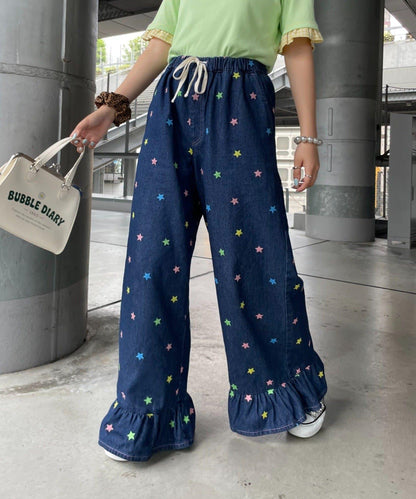 HELLO.SANFRANCISCO 裙襬荷葉邊星形刺繡牛仔褲