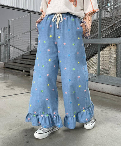 HELLO.SANFRANCISCO 裙襬荷葉邊星形刺繡牛仔褲