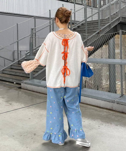 HELLO.SANFRANCISCO 裙襬荷葉邊星形刺繡牛仔褲