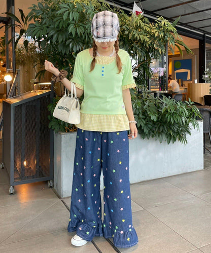 HELLO.SANFRANCISCO 裙襬荷葉邊星形刺繡牛仔褲
