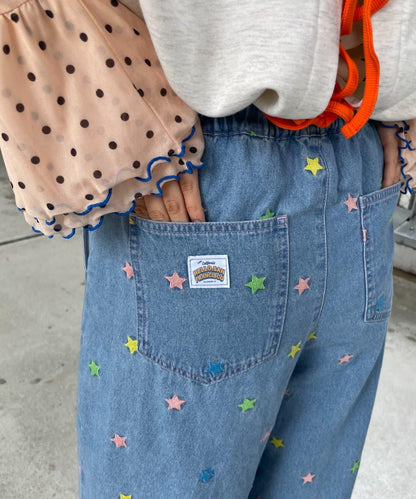 HELLO.SANFRANCISCO 裙襬荷葉邊星形刺繡牛仔褲