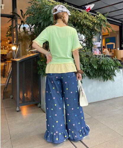 HELLO.SANFRANCISCO 裙襬荷葉邊星形刺繡牛仔褲