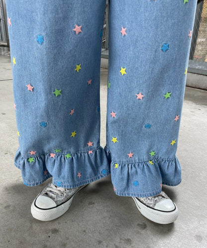 HELLO.SANFRANCISCO 裙襬荷葉邊星形刺繡牛仔褲