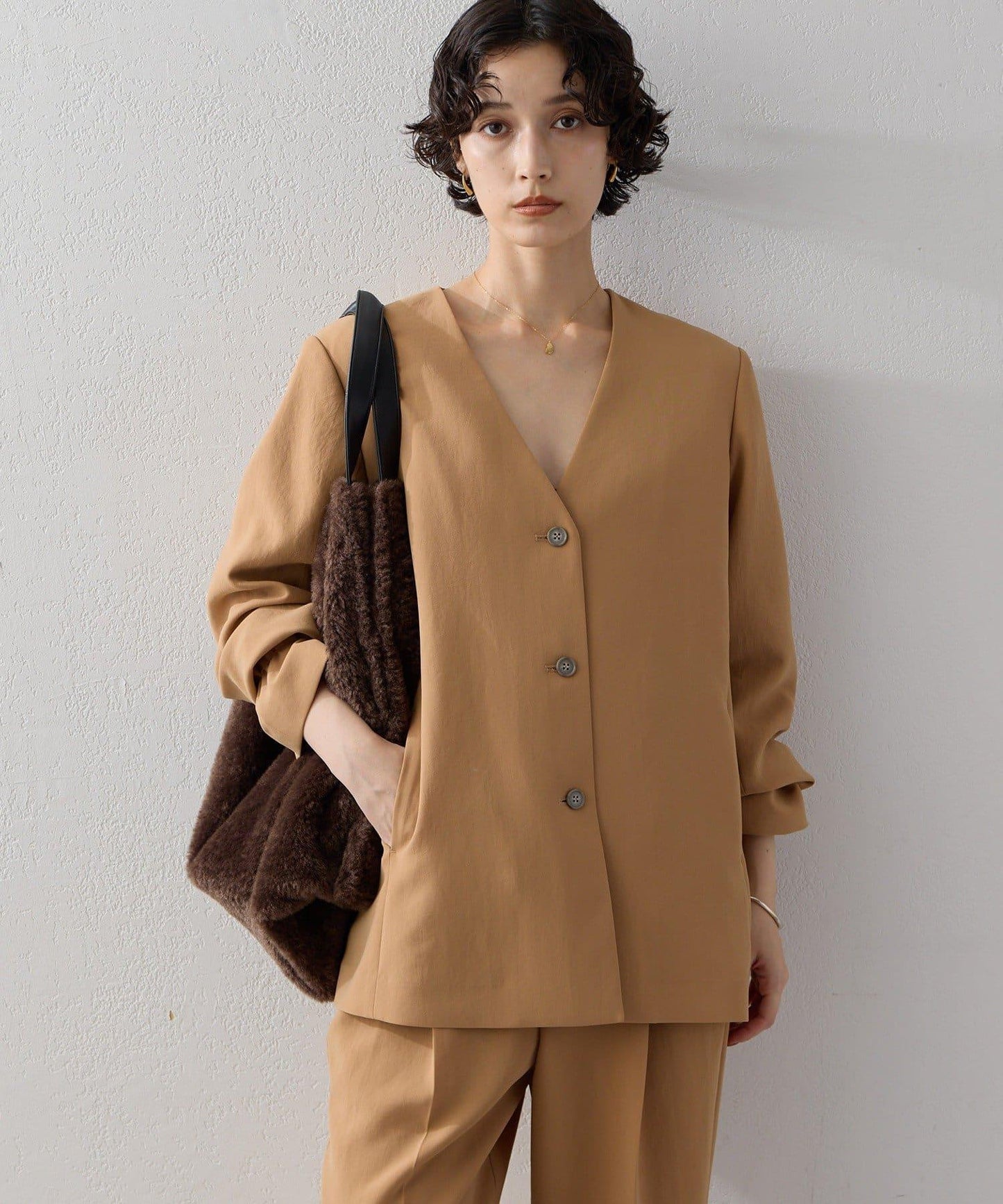 【套裝】針織無領寬鬆夾克