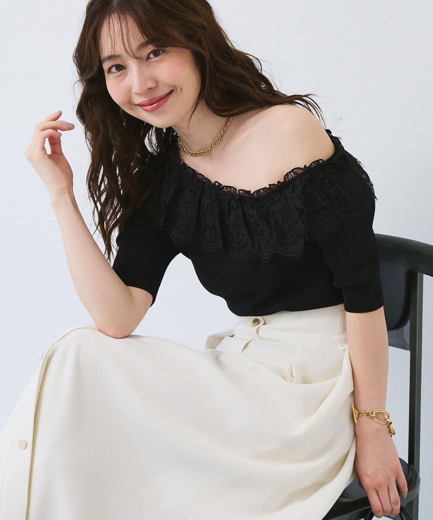 【La boutique BonBon】UV防曬單肩蕾絲荷葉邊針織衫