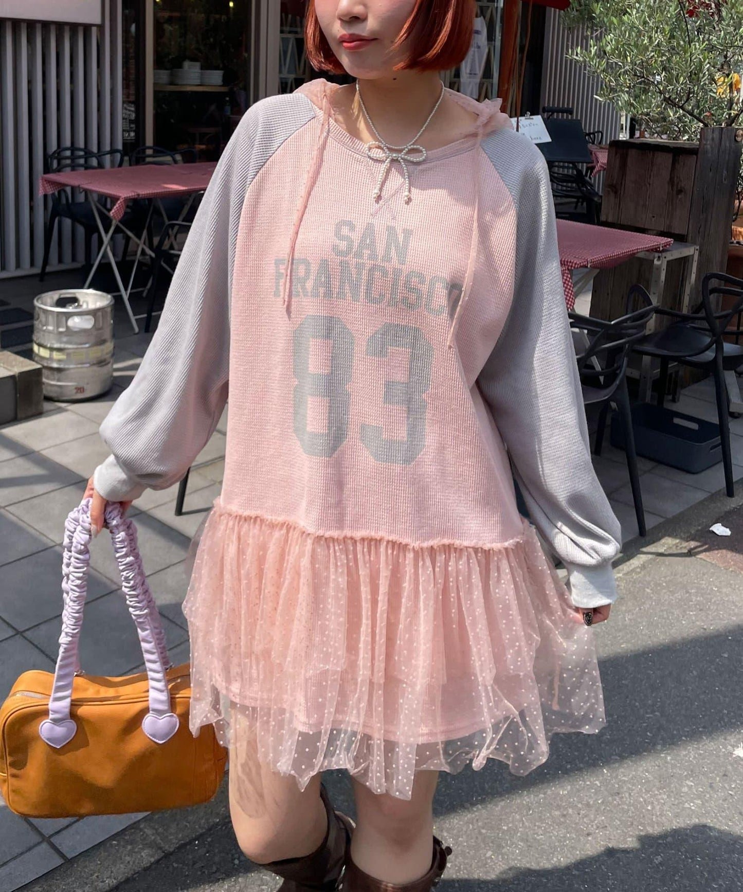 HELLO.SANFRANCISCO 華夫格Logo薄紗連帽衫式連衣裙