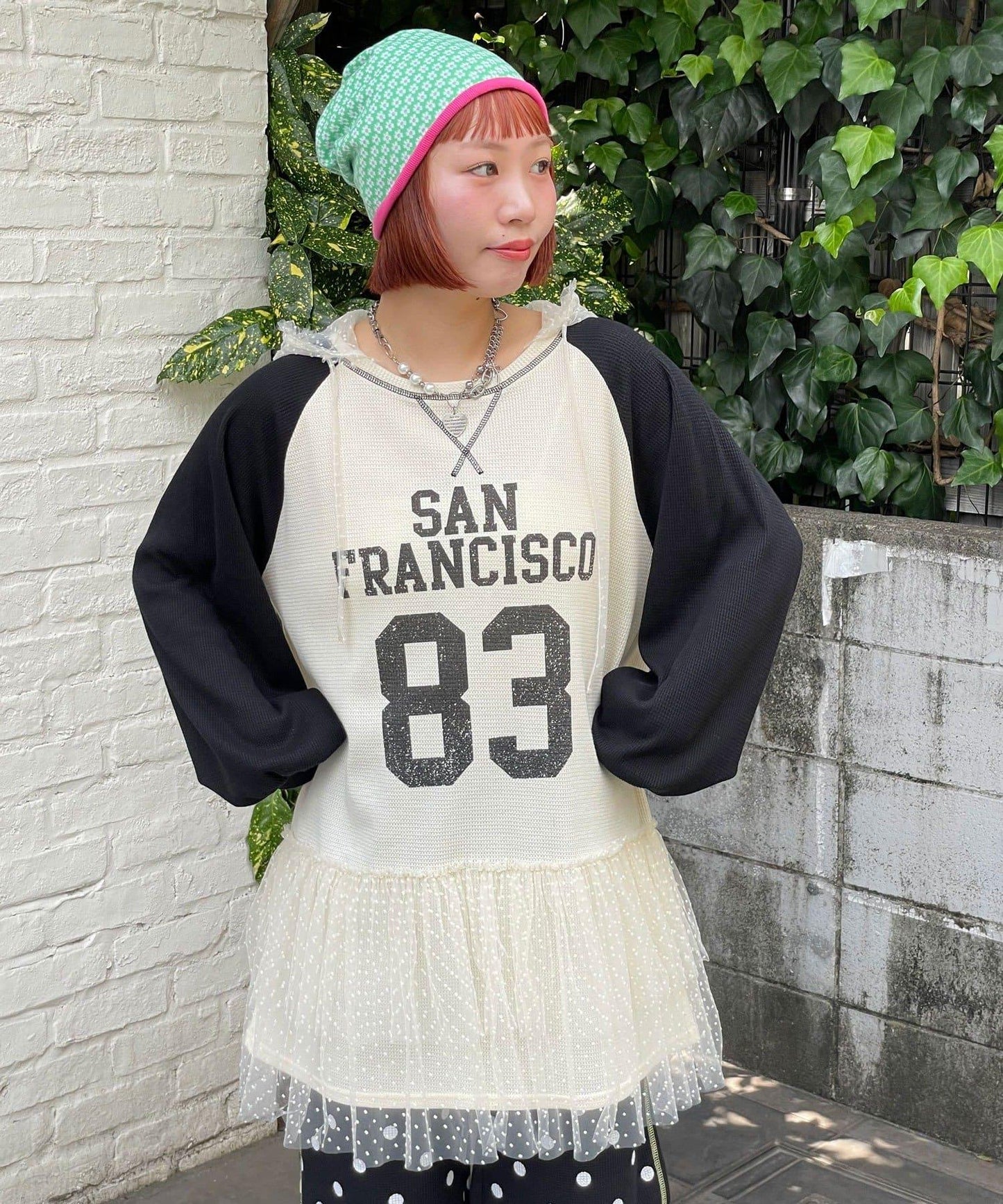 HELLO.SANFRANCISCO 華夫格Logo薄紗連帽衫式連衣裙