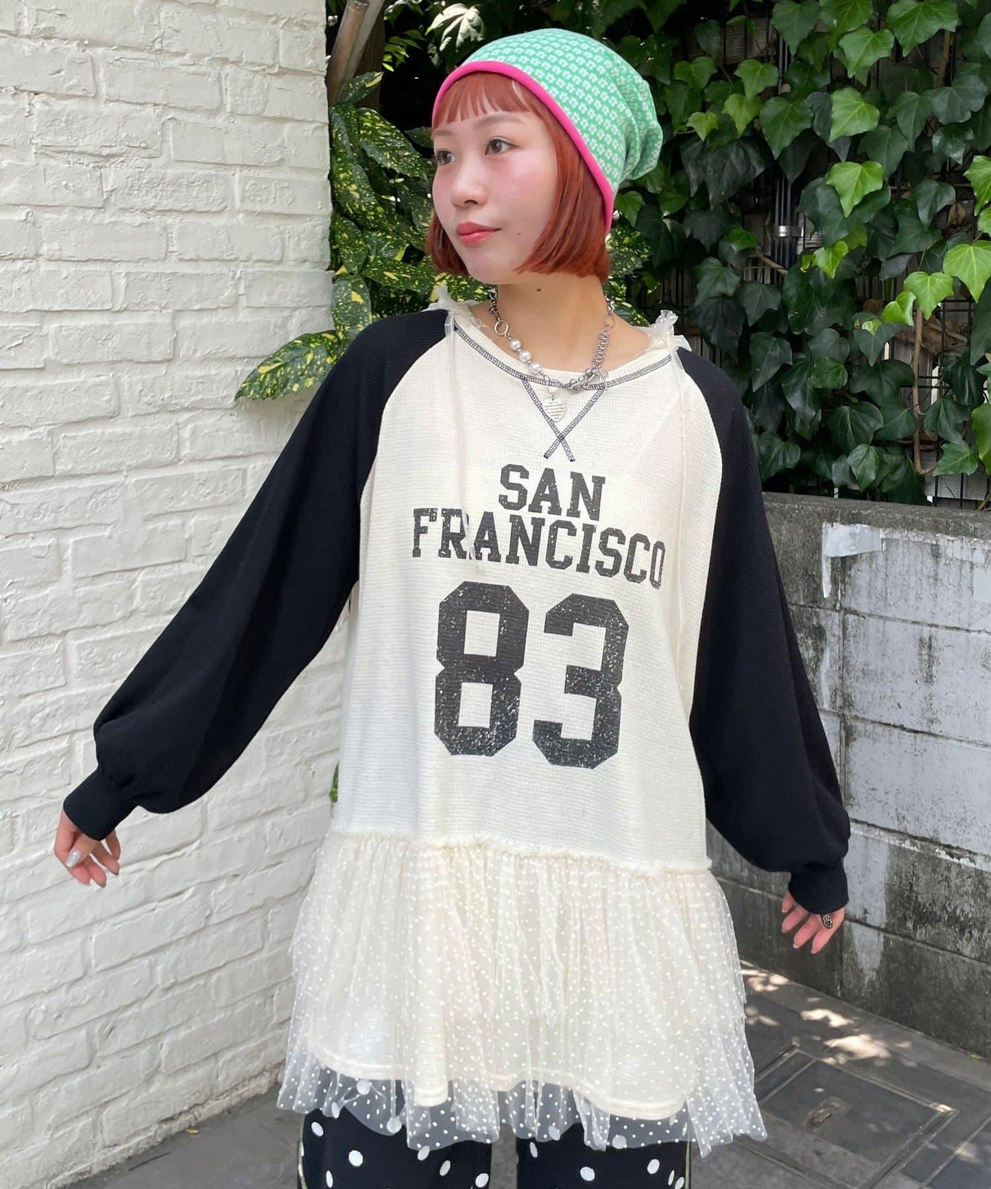 HELLO.SANFRANCISCO 華夫格Logo薄紗連帽衫式連衣裙