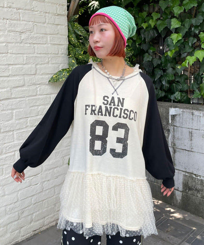 HELLO.SANFRANCISCO 華夫格Logo薄紗連帽衫式連衣裙