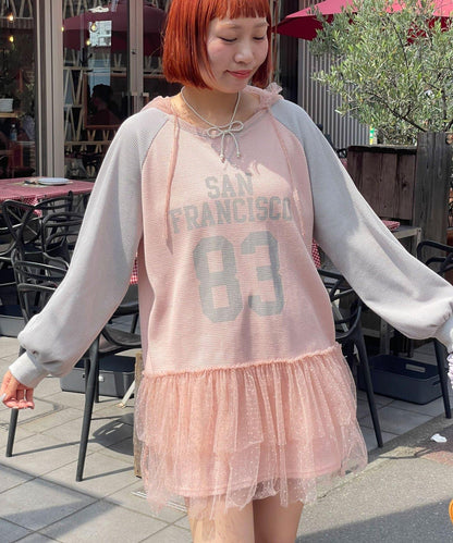HELLO.SANFRANCISCO 華夫格Logo薄紗連帽衫式連衣裙