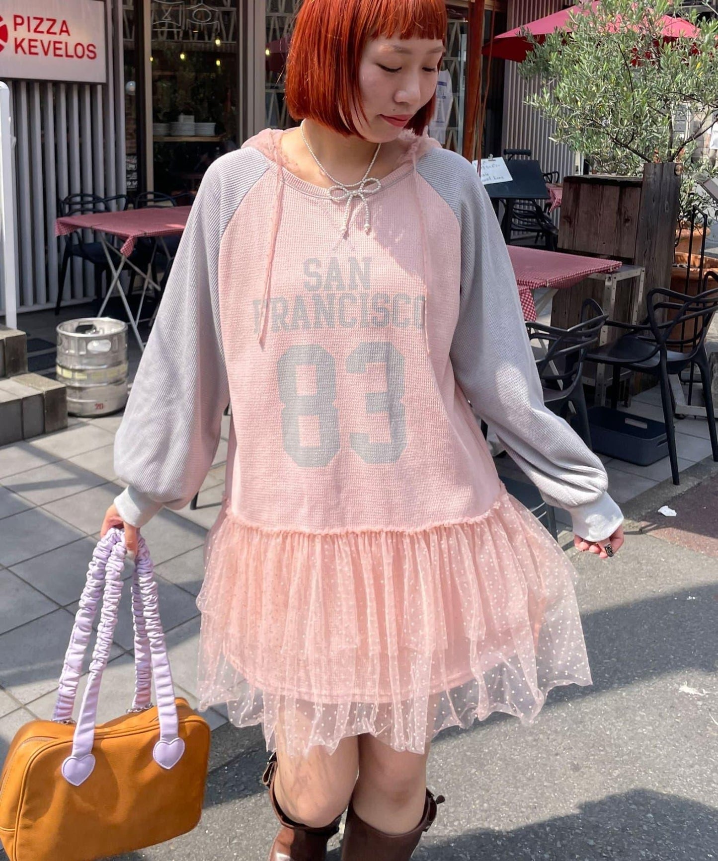 HELLO.SANFRANCISCO 華夫格Logo薄紗連帽衫式連衣裙