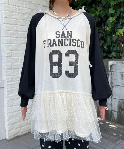 HELLO.SANFRANCISCO 華夫格Logo薄紗連帽衫式連衣裙
