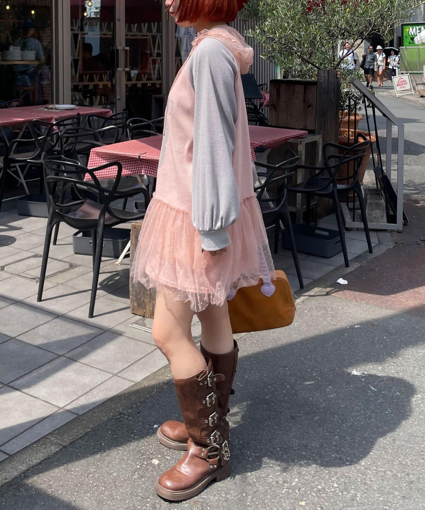HELLO.SANFRANCISCO 華夫格Logo薄紗連帽衫式連衣裙