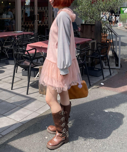 HELLO.SANFRANCISCO 華夫格Logo薄紗連帽衫式連衣裙