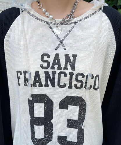 HELLO.SANFRANCISCO 華夫格Logo薄紗連帽衫式連衣裙