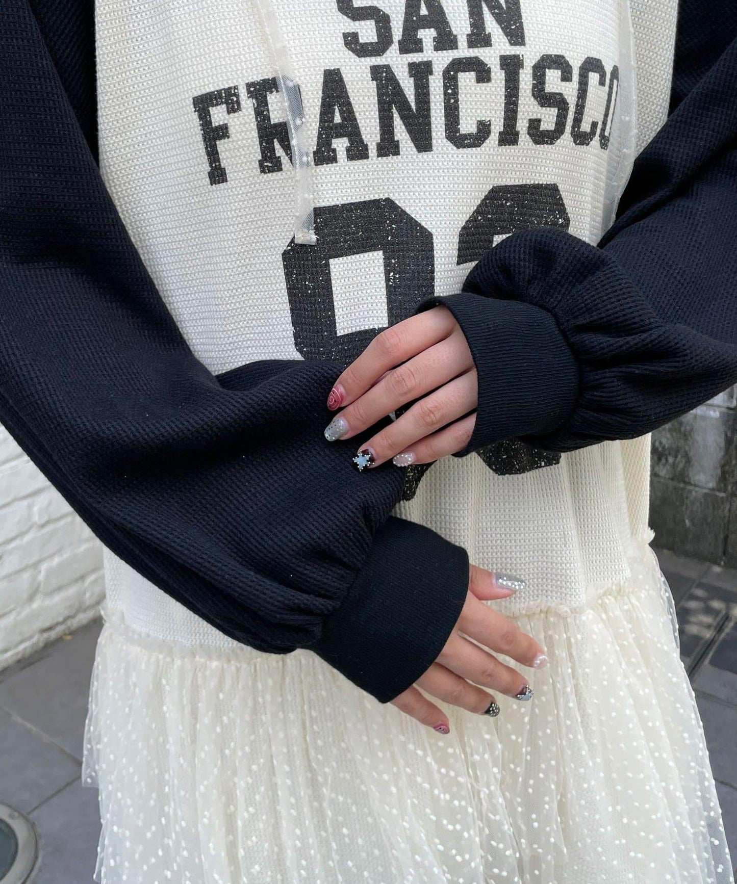 HELLO.SANFRANCISCO 華夫格Logo薄紗連帽衫式連衣裙