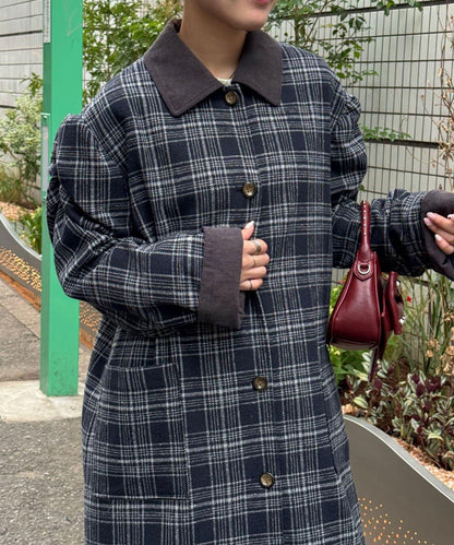 翻領燈芯絨格紋長款外套