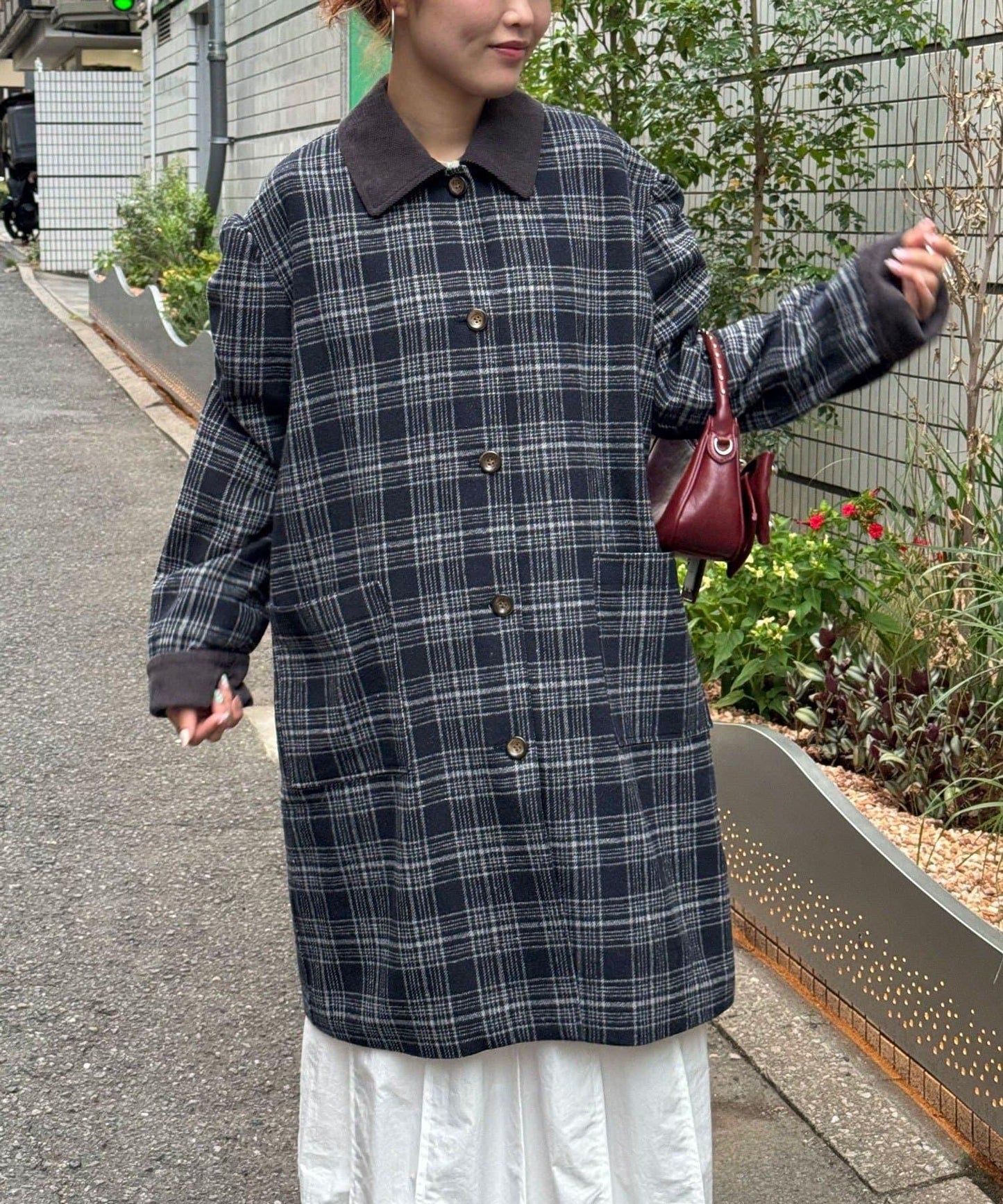 翻領燈芯絨格紋長款外套