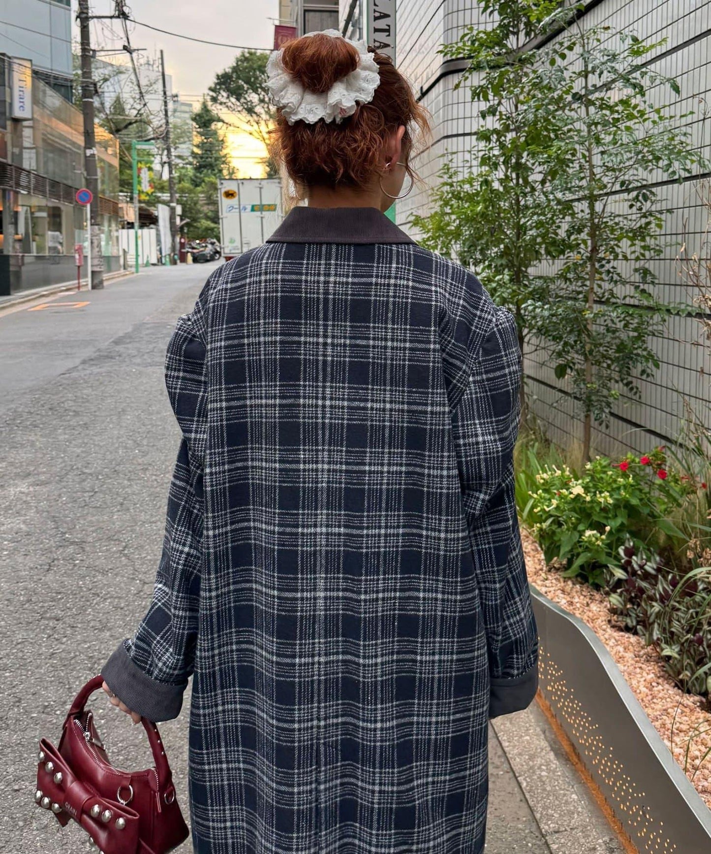 翻領燈芯絨格紋長款外套